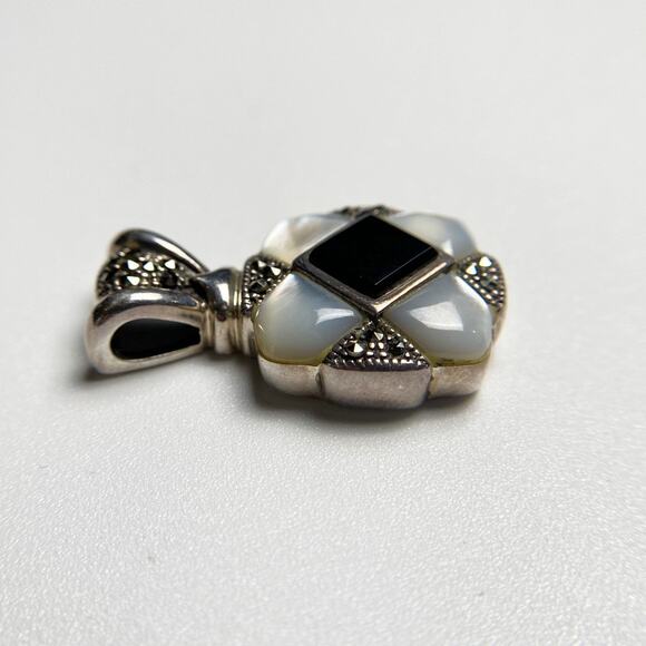 NF 925 Sterling Silver Onyx Mother of Pearl Marcasite Pendant - Picture 5 of 12